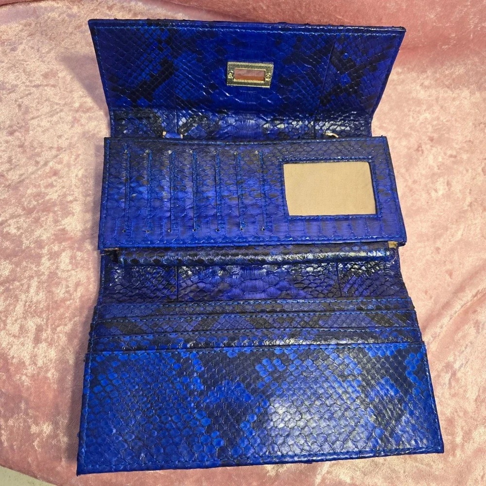 Electric Blue Snakeskin Python Trifold Wallet Gold Turn Lock Closure Luxury